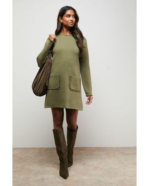 Oasis Fringe Detail Crew Neck Mini Dress - Green