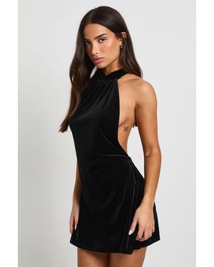 Boohoo Petite Velvet High Neck Mini Dress - Black