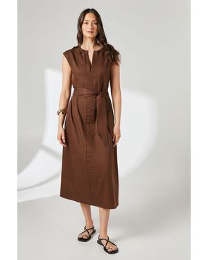 PRINCIPLES Notch Neck Tie Waist Midi Dress Cotton - Brown