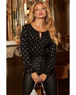 Sosandar Spot Print Keyhole Detail Blouse - Black