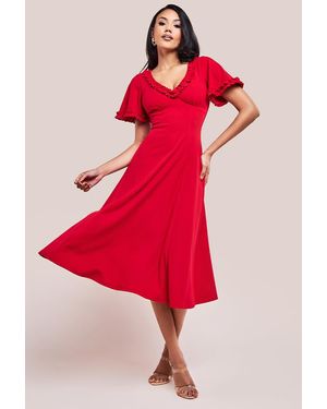 Goddiva Flare Sleeve Frill Edge Midi Dress - Red