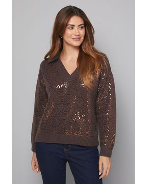 Wallis Collared Sequin Knitted Jumper - Brown