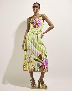 River Island Midi Dress Striped Beaded Floral Del Maar Cotton - Green