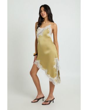 Boohoo Satin Asym Hem Midi Dress With Contrast Lace - Metallic
