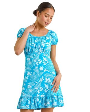 Roman Petite Floral Frill Ruched Dress - Blue