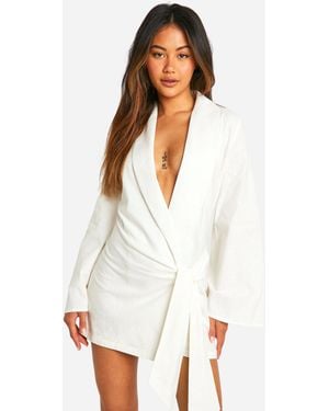 Boohoo Linen Look Wrap Shirt Dress - White