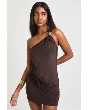 Boohoo Slinky Trim Detail One Shoulder Dress - Brown