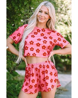 Azura Exchange Roze Bloemenprint Crop Tee En Shorts Lounge Set - Rood