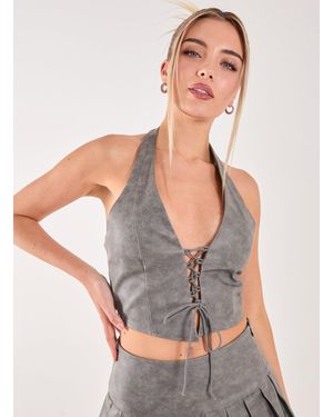 Pink Vanilla Washed Pu Tie Detail Corset Top - Grey