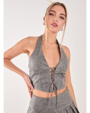 Pink Vanilla Washed Pu Tie Detail Corset Top - Grey