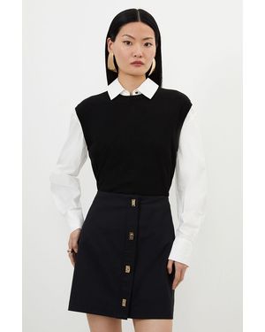 Karen Millen Tall Techno Cotton Woven Skirt With Clasp - Black