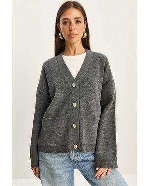 Bianco Lucci Thick Ribbed V-Neck Cardigan With Button Closure - Grey