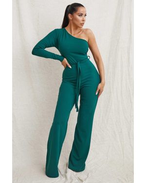 Femme Luxe Belted One Shoulder Jumpsuit - Blue