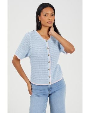 Brave Soul Stitch Detail Short Sleeve Crew Neck Cardigan - Blue