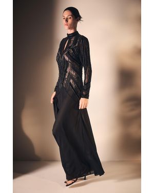 Karen Millen Velvet Embellished Long Sleeve Maxi Dress - Black