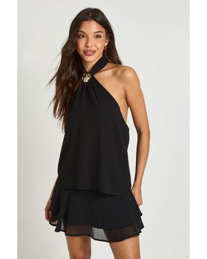Boohoo Halterneck Trim Chiffon Top - Black