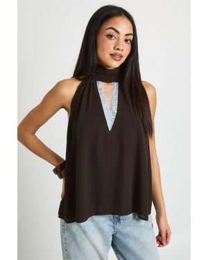 Boohoo Chiffon High Neck Lace Keyhole Blouse - Black