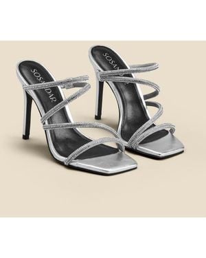 Sosandar Leather Diamante Strap Square Toe Sandal - Black