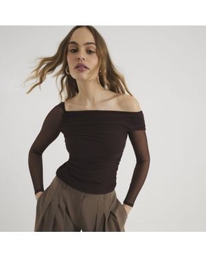 River Island Asymmetric Neck Ruched Mesh Top - Black