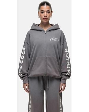 Good For Nothing Zip Through Hoodie With Puff Print - Grey