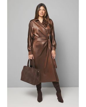 Wallis Textured Satin Wrap Midi Dress - Brown