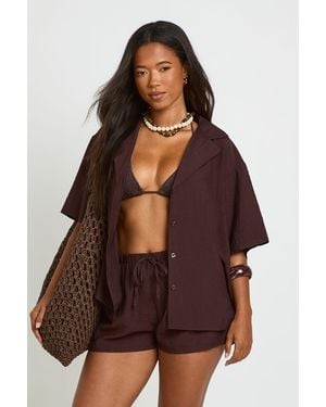 Boohoo Linen Look Short Sleeve Beach Shirt - Brown