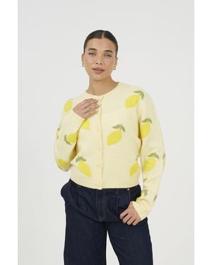 Brave Soul Soft Touch Lemon Jacquard Knit Cardigan - Yellow