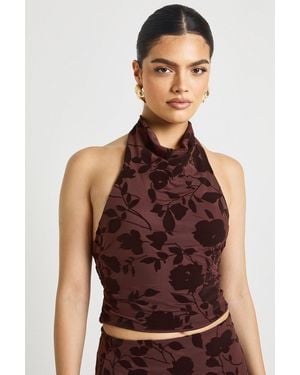Boohoo Floral Devoure Cowl Halterneck Top - Brown