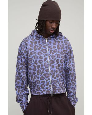 BoohooMAN Shrunken Fit Leopard Print Zip Through Hoodie - Blue