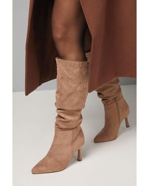 Wallis Wide Fit Hibiscus Faux Suede Ruche High Stiletto Heel Knee Boots - Brown