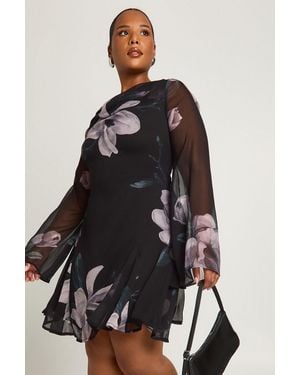 Boohoo Plus Floral Long Sleeve Chiffon Mini Skater Dress - Black