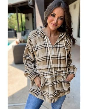 Azura Exchange Printed Zipped Front Pullover Plaid Hoodie - Green