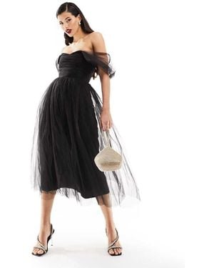 LACE & BEADS Off Shoulder Tulle Tiered Maxi Dress - Black