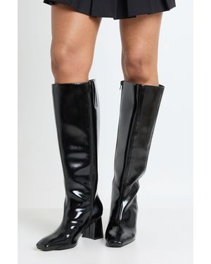 Boohoo Wide Fit Flared Block Heel Knee High Boots - Black