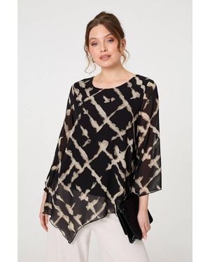 Izabel London Printed Asymmetric Semi Sheer Tunic Top - Black