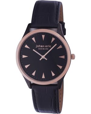 Johan Eric Helsing¸R, Dial Watches W Triangular Rose Tone Hr-Markers, Ip Case W Ip Bezel Ring & Crown, Calfskin Band Leather - Black