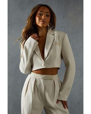 MissPap Tailored Satin Lapel Crop Blazer - Natural