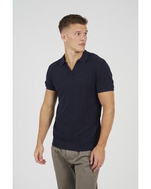 Brave Soul Open Collar Knitted Polo Shirt - Blue