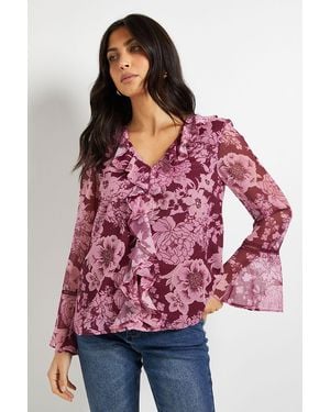 Wallis Floral Lace Trim Ruffle Blouse - Red