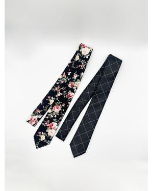 SVNX Minimal Check & Floral Print Tie Set - Blue