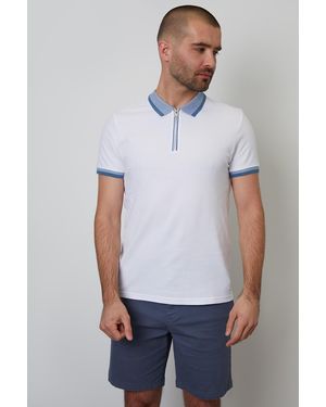 Threadbare Cotton Tipping Collar Quarter Zip Pique Polo Shirt - White
