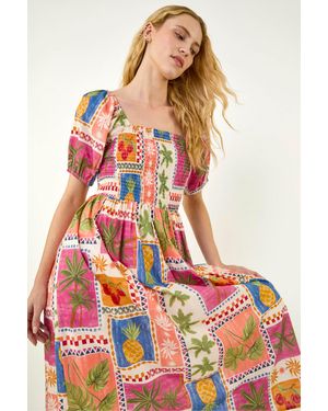 Roman Postcard Print Shirred Midi Dress