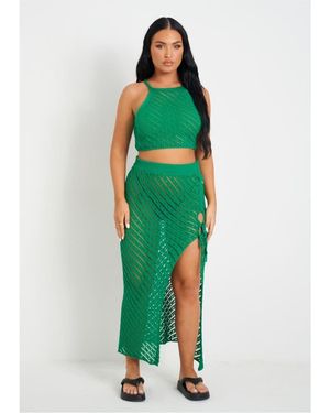 Missy Empire Missy Empire Knit Beach Crop Top And Midi Skirt Set - Green
