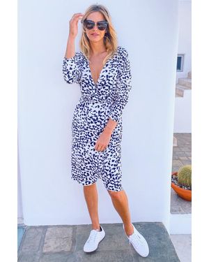 Sosandar Animal Print Faux Wrap Dress - White
