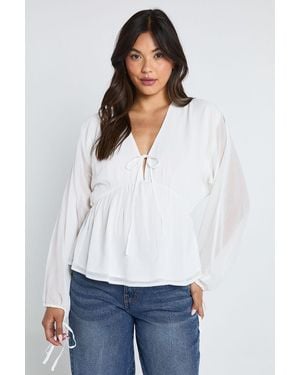 Boohoo Chiffon Tie Front Volume Blouse - White
