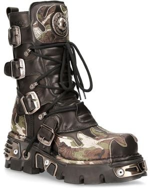 New Rock Flame Accented Camouflage Leather Biker Boots- M-591-S15 - White