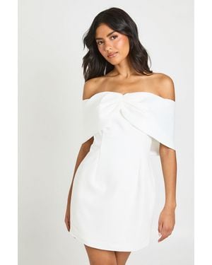 Boohoo Satin Bow Detail Bardot Mini Dress - White