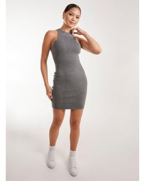 Pink Vanilla High Neck Two Tone Rib Racer Dress - Grey