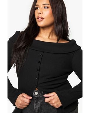 Boohoo Plus Button Down Bardot Rib Top - Black