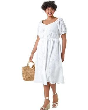 Roman Curve Cotton Broderie Midi Dress - White